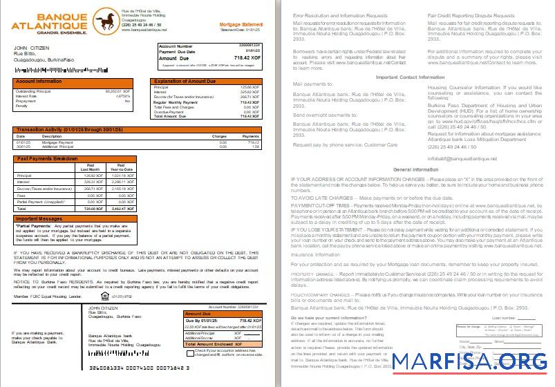 Downloadable Burkina Faso Banque Atlantique bank mortgage statement, 2 pages, 1 2 scr example